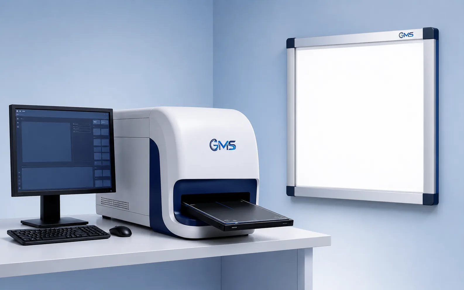 GMS CR reader system, workstation and medical X-ray view box
